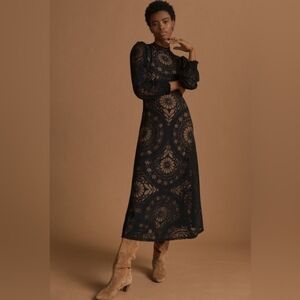 FARM RIO ANTHROPOLOGIE Open Back Long Sleeve Midi Dress, XS